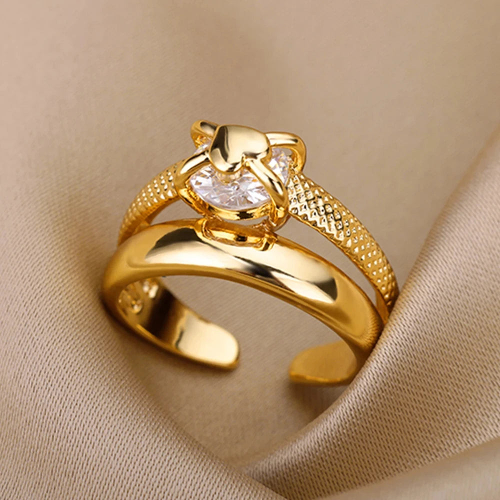 Zircon Engagement Wedding Rings Gold Color Fashion Finger Jewelry 2024 New Trend